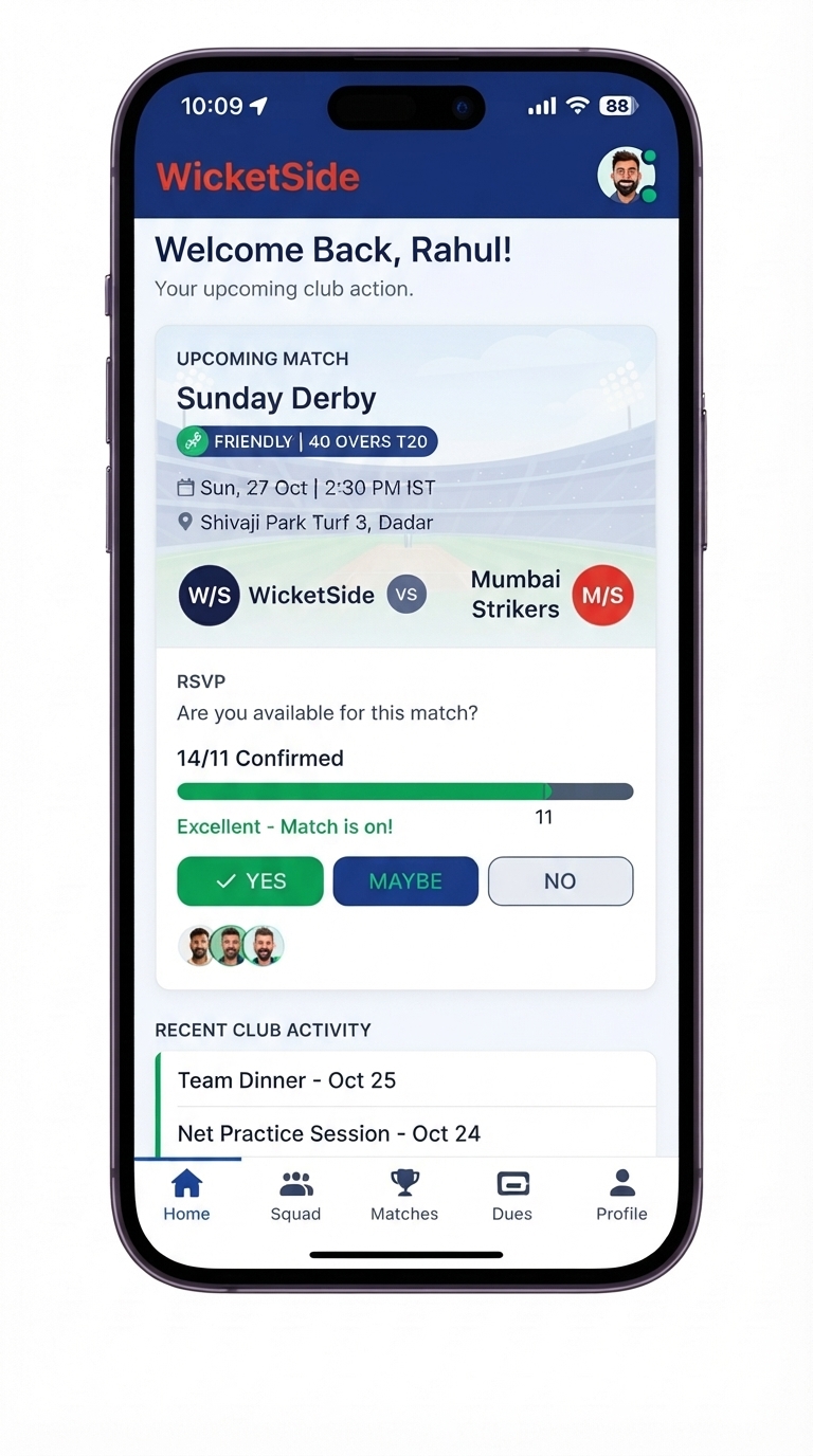 WicketSide Mobile App - Club Home Screen with 1-Tap RSVP
