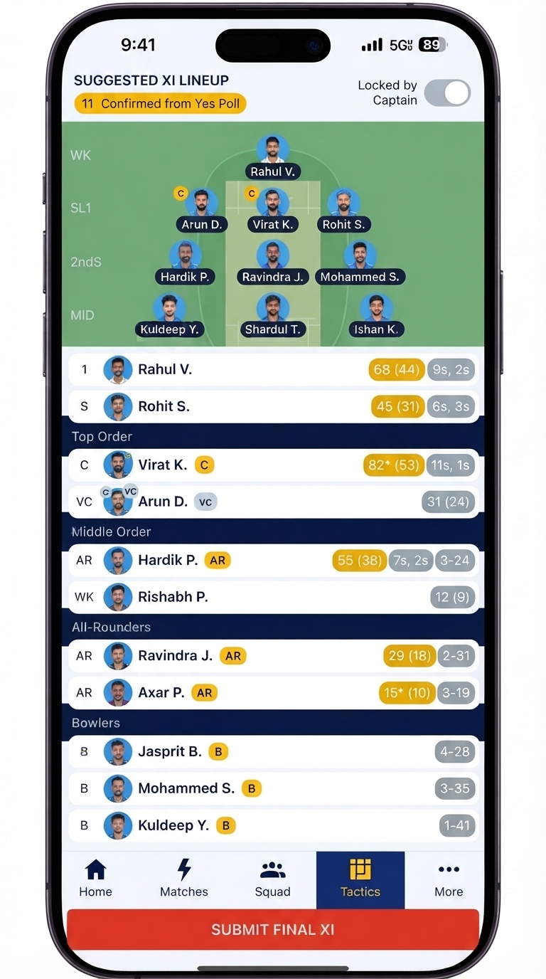 Tactical Pitch View & Suggested XI Screen
